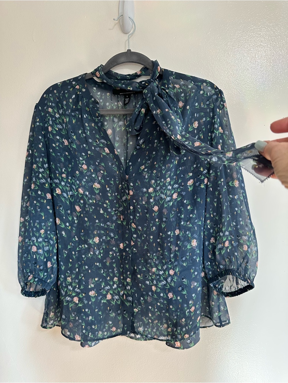 White House Black Market Teal Floral Sheer Blouse & Matching Tank, Large